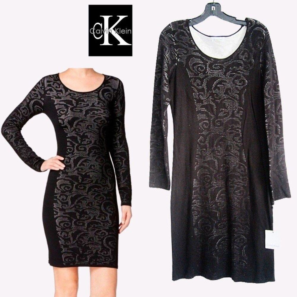 CALVIN KLEIN NEW Romantic Illusion Lace Contrast Print Sweater Dress L